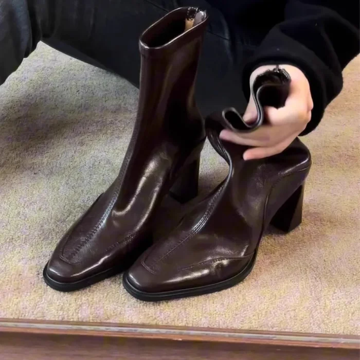 چکمه مچی زنانه چرمی پاشنه‌دار - تصویر 1